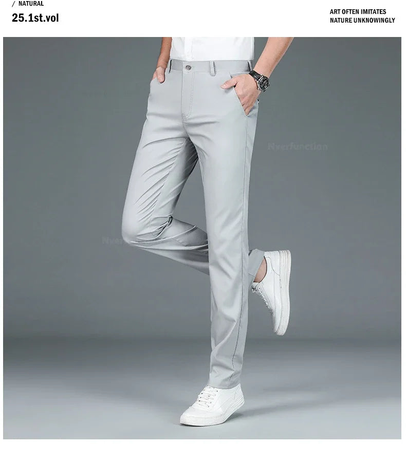 Bamboo Fiber Straight Business Pants for Men - Summer Fashion Classic Designer, Breathable Casual Long Formal Trousers