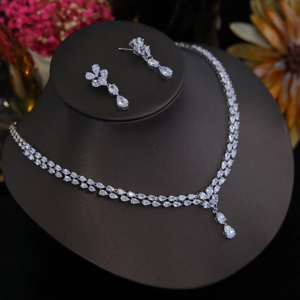 New Design Luxury Cubic Zirconia Water Drop Necklace Earrings Set