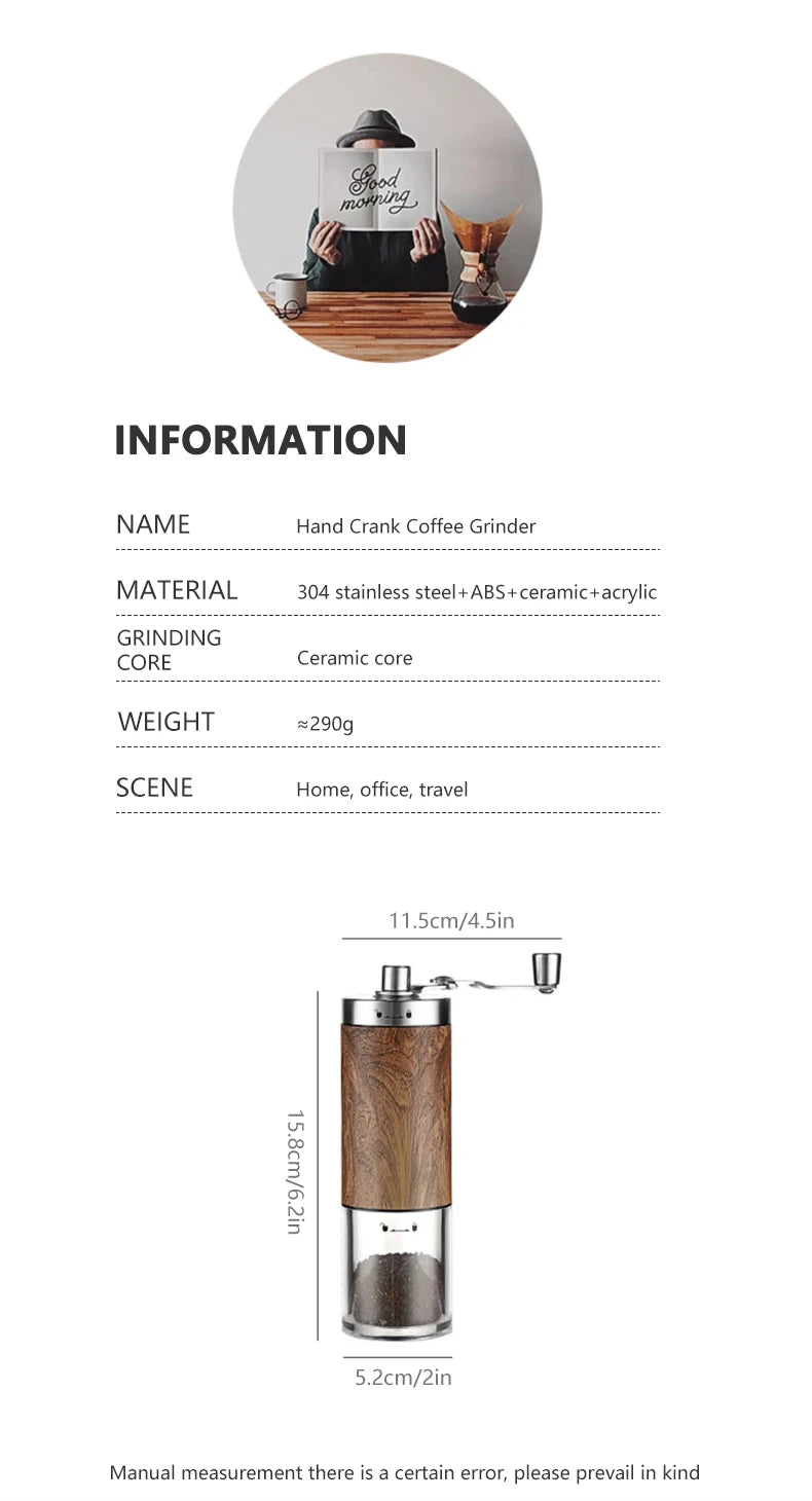 Portable Stainless Steel Manual Coffee Grinder Wood Grain Hand Coffee Bean Mill Espresso Coffee Maker with Ceramic Burrs