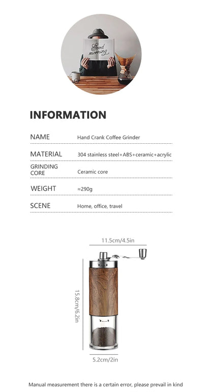 Portable Stainless Steel Manual Coffee Grinder Wood Grain Hand Coffee Bean Mill Espresso Coffee Maker with Ceramic Burrs