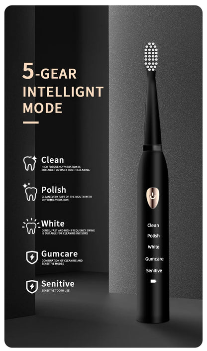 Jianpai Adult Black White Classic Acoustic Electric Toothbrush Adult 5-gear Mode USB Charging IPX7 Waterproof Acoustic Electric