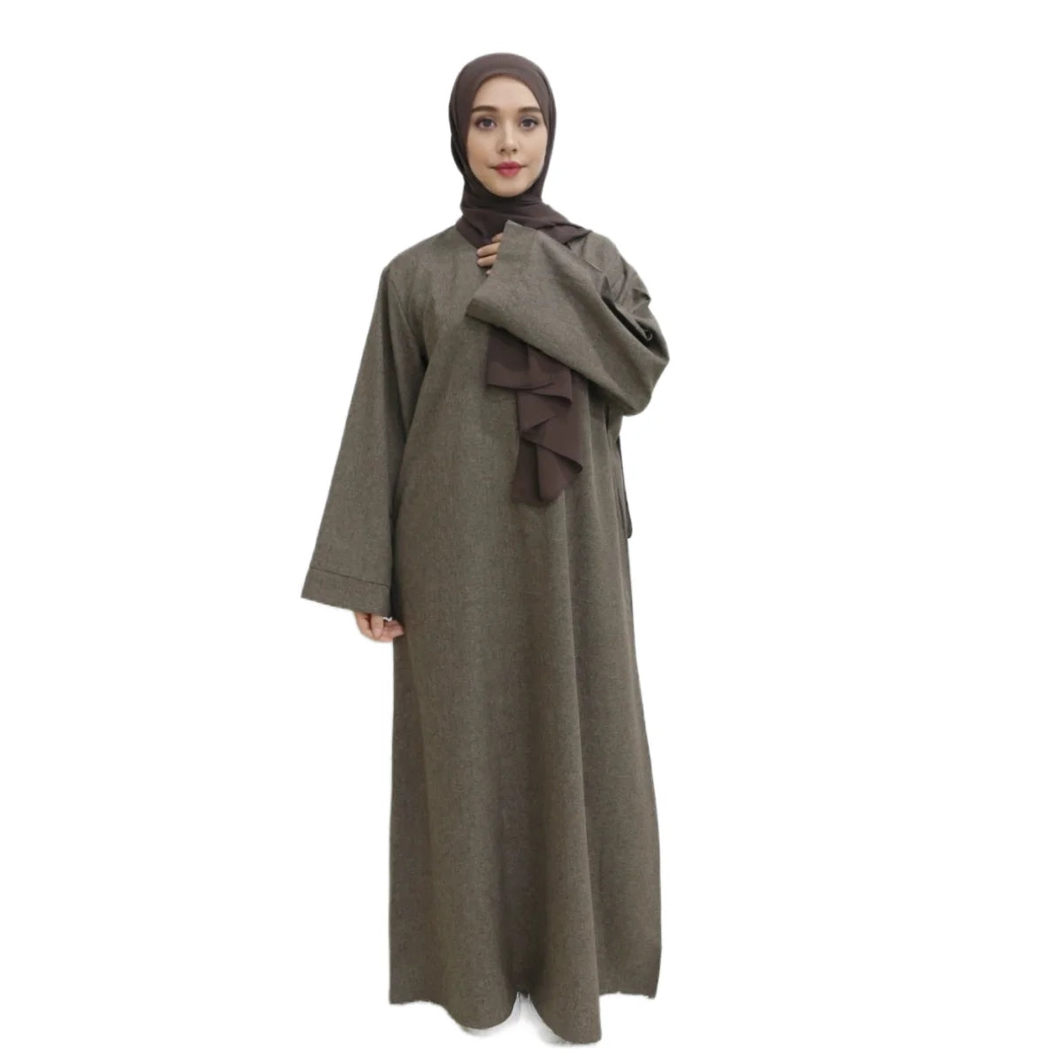 Modest Closed Plain Long Sleeve Abaya Without Hijab With Belt  Basic Islamic Eid Clothes Dress