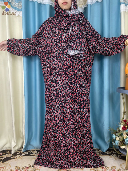 New African Muslim Women Hooded Abaya Turkey Cotton Prayer Garment Kaftan With Hijab Floral Prints Dubai Saudi Robe In Ramadan