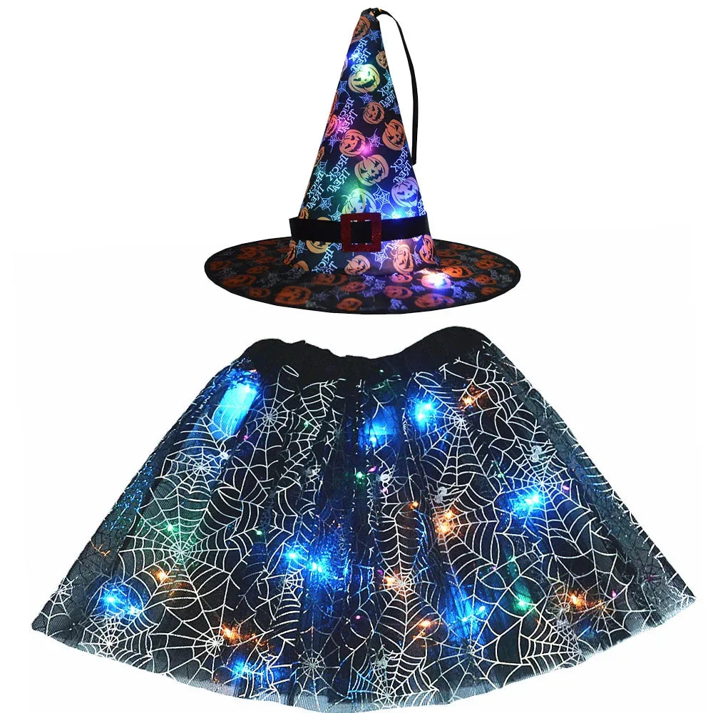 Women Kids Girl Luminous LED Glow Light Up Elf Witch Hat Star Skirt Spider Web Tutu Wizard Costume Party Gift Halloween Festival