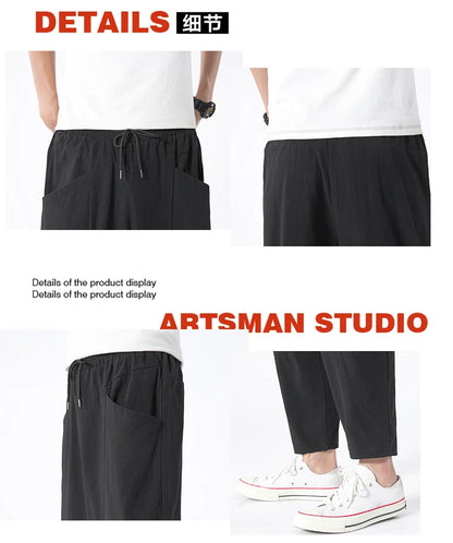 100% Cotton Summer Casual Pants for Men - Trendy Japanese Style Cropped Loose-Fit Pants, Available in Size 5XL