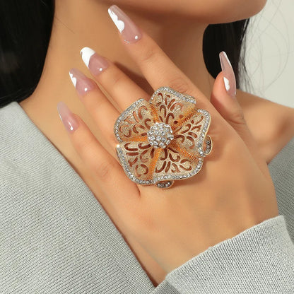 Luxury Big Flower Zircon Ring - Classic Hollow Gold Color Adjustable Ring