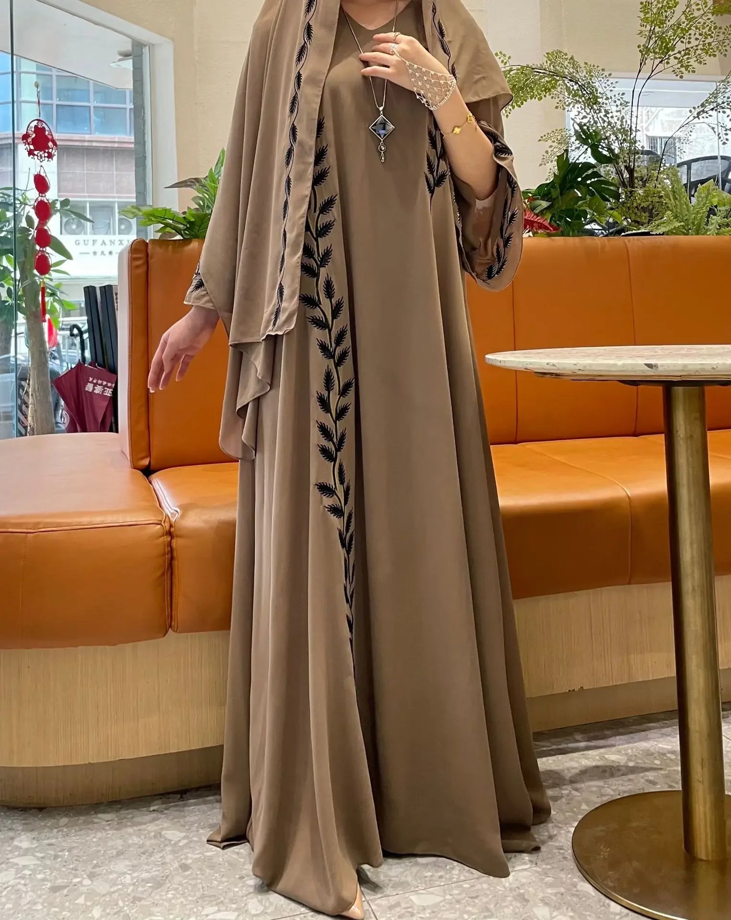 Eid Muslim Abaya for Women Embroidery Dress with Scarf 2 Piece Set Dubai Arab Long Robe Morocco Abayas Kaftan Headscarf Gorgeous