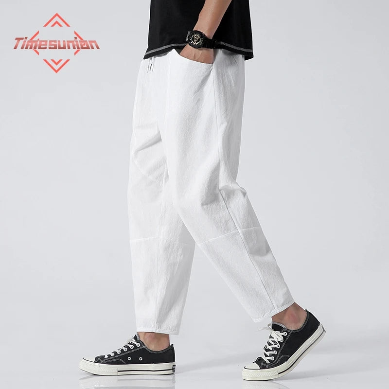 100% Cotton Summer Casual Pants for Men - Trendy Japanese Style Cropped Loose-Fit Pants, Available in Size 5XL