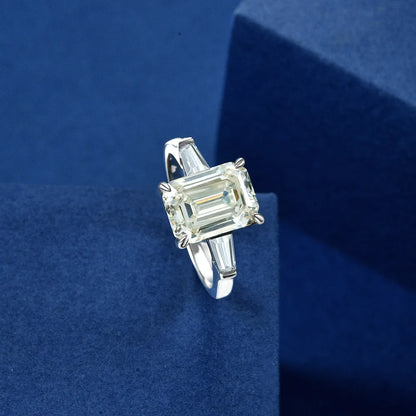 Sterling Silver Emerald Cut Created Moissanite Gemstone Wedding Engagement Diamonds Ring