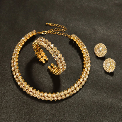 Gold Crystal Rhinestone African Bridal Jewelry Set - Choker Necklace, Earrings, and Bracelet