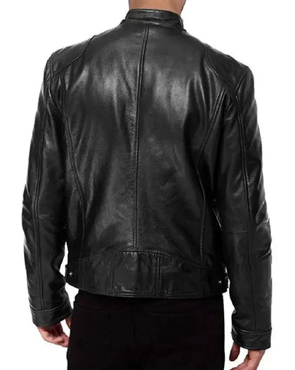 Men's Stand Collar Slimming Leather Jacket Zipper Pocket Decoration, Leather Motorcycle Coat