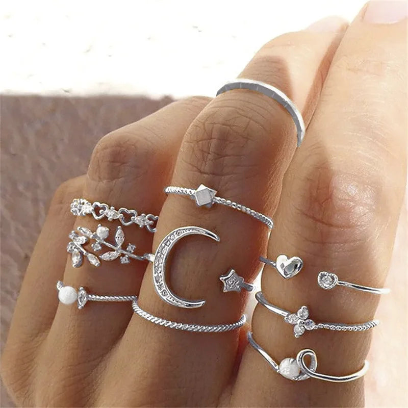 10Pcs Rings Suit For Women Silver-color Chain Ring Set Bohemian Style Coin Snake Moon Star Party Trend Gift Jewelry