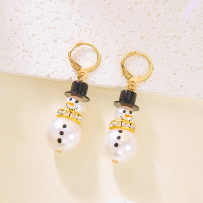 Fashion Christmas White Snowman Pearl Drop Earrings for Women Cute Rhinestone Snowflake Earring Jewelry New Year Holiday Gifts