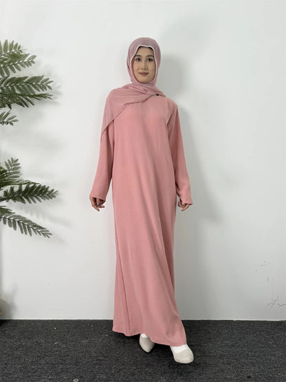 Women Long Dresses Ramadan Crew Neck Kaftan, Solid Elegant Long Sleeve Muslim Abaya Loose Maxi Dress, Women's Clothing