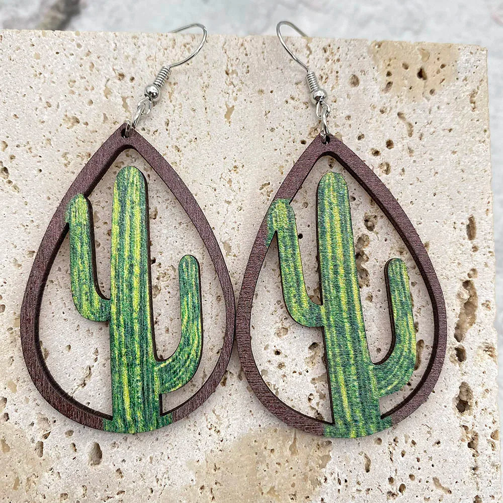 Laser Cutout Wood Sunflower Cactus Teardrop Earrings for Women New Arrival USA Popular Jewelry Boutique Gifts Thanksgiving