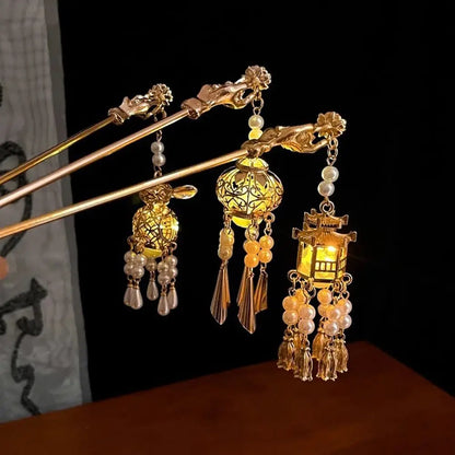 Chinese Style Glowing Lotus Lantern Hairpin - Ancient Palace Lantern Hair Stick with High-end Flower Tassel