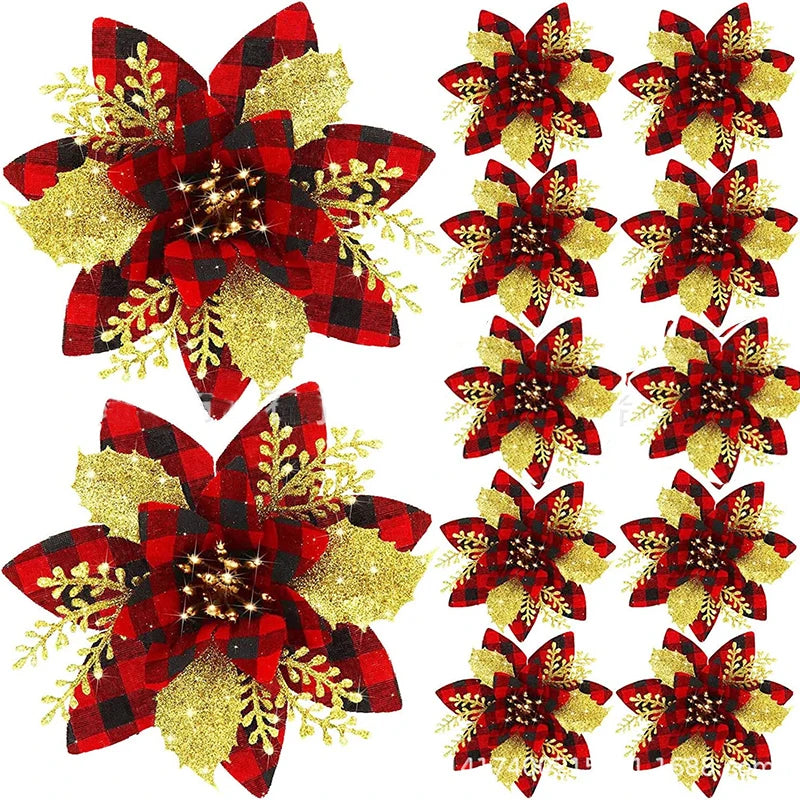 5pcs 14.5cm Glitter Artifical Christmas Flowers Mreey Christmas Tree Decoration Happy New Year Ornaments Xmas Fake Flowers natal