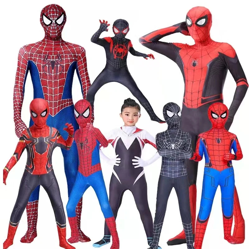 High Quality Superhero Spidermans Costume Bodysuit For Kids Adult Spandex Zentai Halloween Party Cosplay Jumpsuit 3D Style