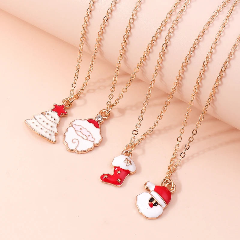 Cute Christmas Necklaces Enamel Bell Snowman Tree Deer Santa Gifts Necklace for Women Men Christmas Party Jewelry Gifts