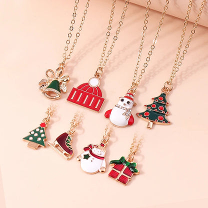 Cute Christmas Necklaces Enamel Bell Snowman Tree Deer Santa Gifts Necklace for Women Men Christmas Party Jewelry Gifts