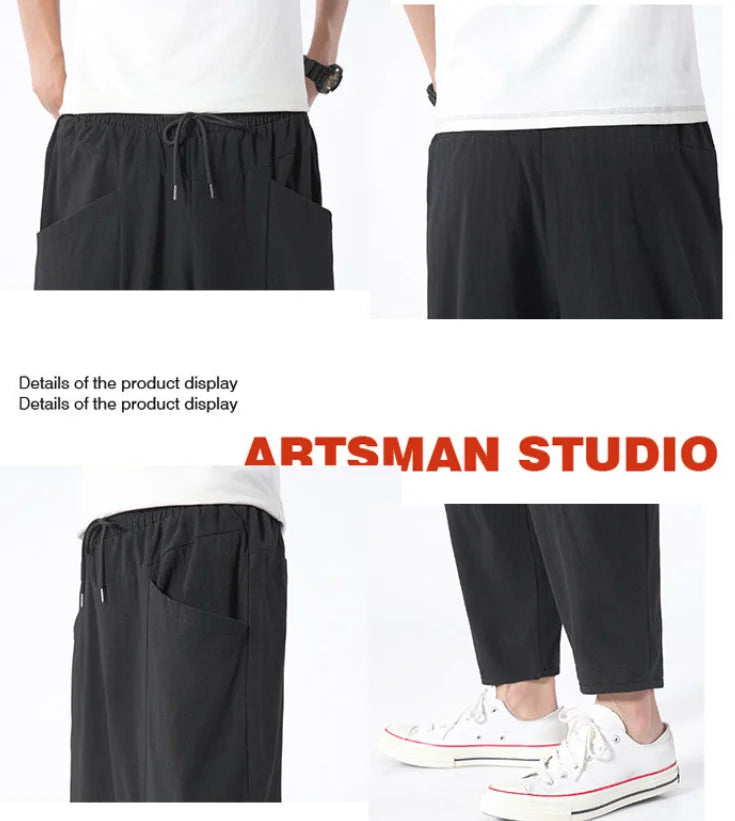 100% Cotton Summer Casual Pants for Men - Trendy Japanese Style Cropped Loose-Fit Pants, Available in Size 5XL