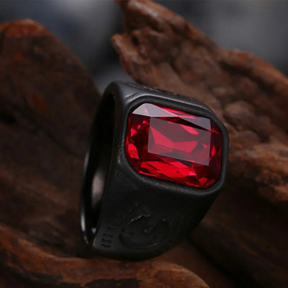 Simple Fashion Red Stone Crystal Black Ring Men and Women Retro Gothic Punk Creative Trend Wedding Ring Niche Party Accessories