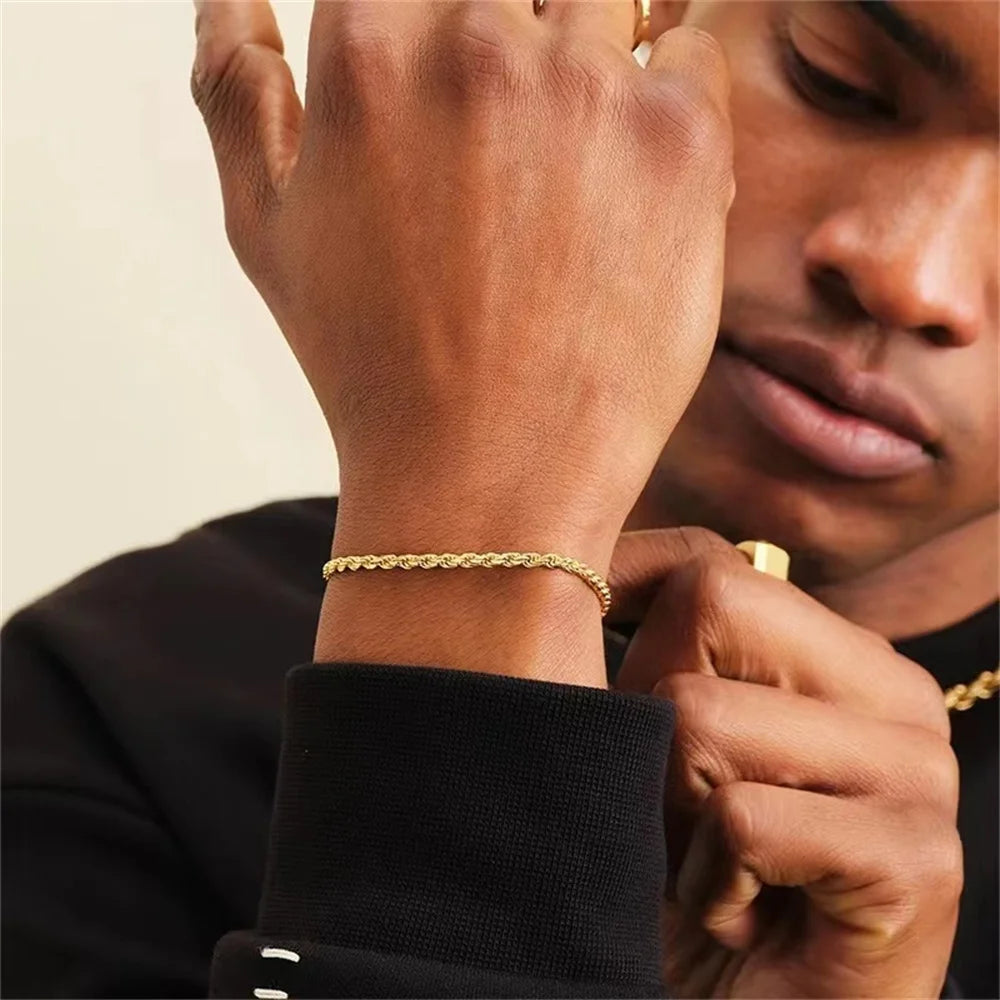 Hip Hop Stainless Steel Twist Chain Men Bracelet Retro Gold Color Fashion Bracelet For Women Trendy Jewelry Accessories