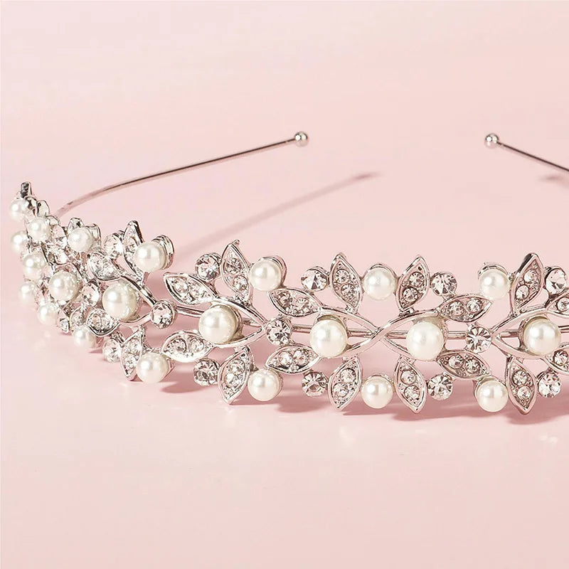 Silver Rhinestone Hair Crown with Ivory Pearl - Vintage Crystal Bridal Wedding Tiara, Bride Headpiece Crowns