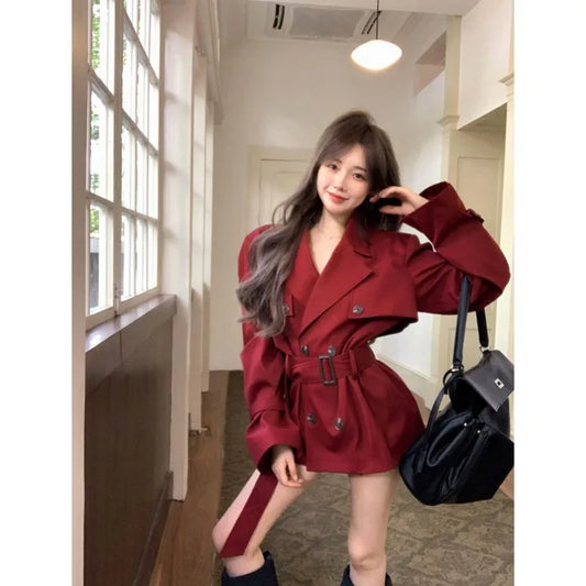 Korejepo Red Medium Long Trench Coat Women Autumn New Loose Thin Double Breasted Long Sleeved Cardigan Versatile Top Trendy