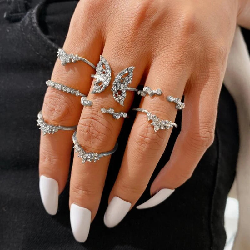 10Pcs Rings Suit For Women Silver-color Chain Ring Set Bohemian Style Coin Snake Moon Star Party Trend Gift Jewelry