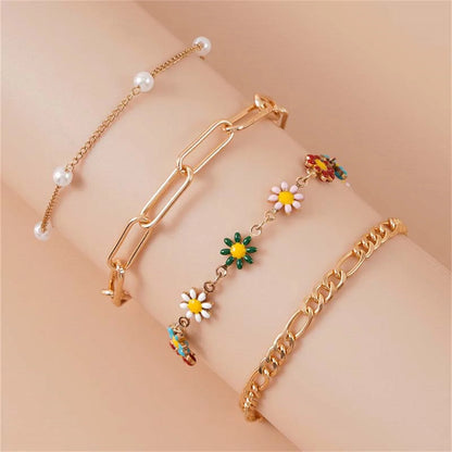 Multilayer Sweet Daisy Flower Anklets - Sparkling Chain with Sunflower Floral Boho Foot Chain, Barefoot Ankle Bracelet Jewelry