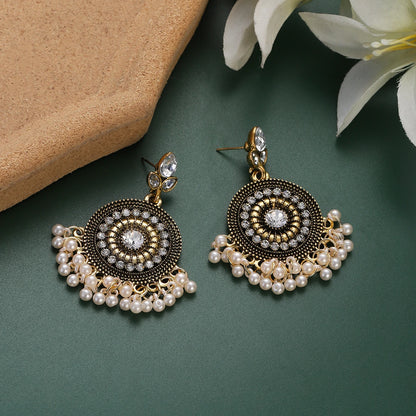 Vintage Crystal Flower Round Pendant Earrings - Ethnic Gold Indian Jhumka with Beads and Tassel