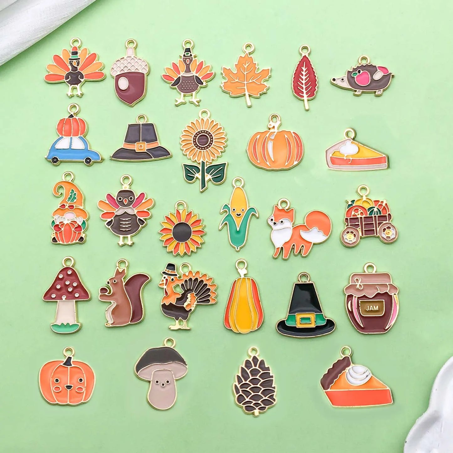 20/27pcs Enamel Thanksgiving Charms Alloy Turkey, Maple Leaf, Squirrel, Pumpkin Pendants for DIY Jewelry Making Accessories