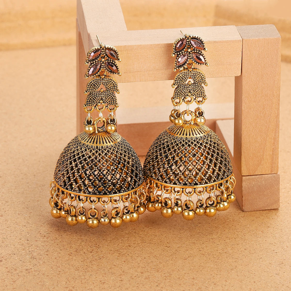 Ethnic Golden Hollow Bell Drop Tassel Earrings