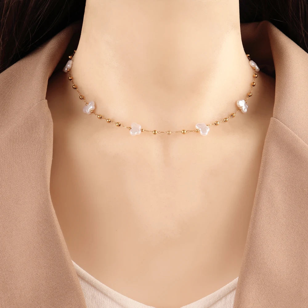 Stainless Steel Imitation Pearl Chain Necklace for Women - Fashion Gold Color Beads Jewelry