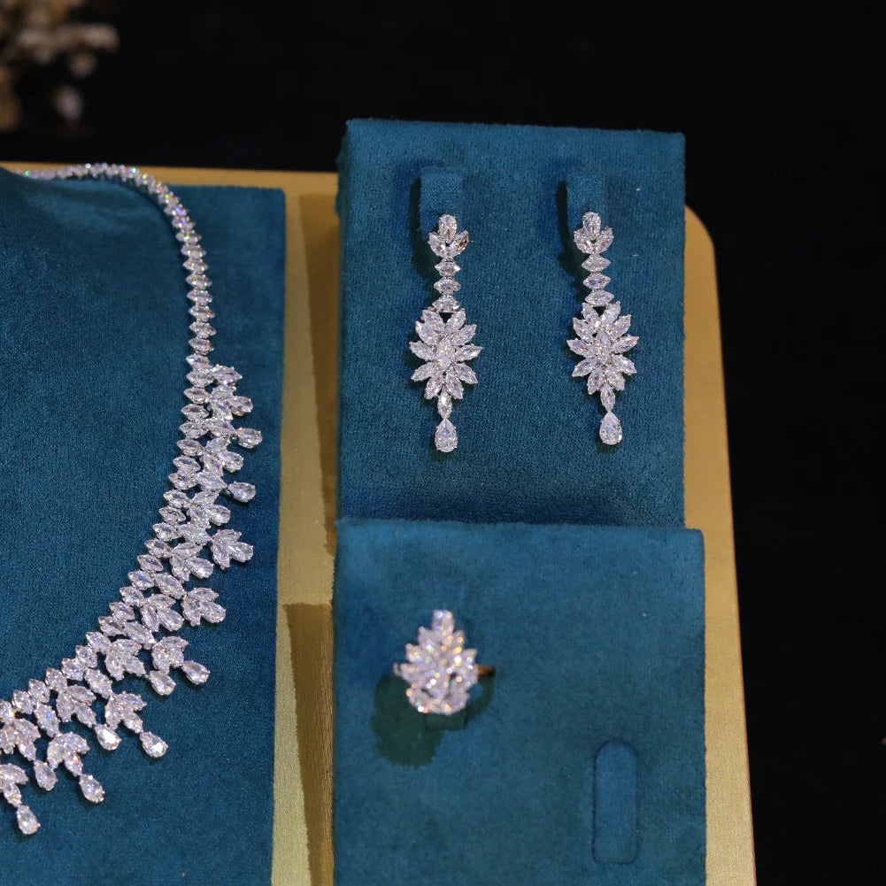 Leaf Design Bridal Necklace and Earring Set - 5A Cubic Zirconia