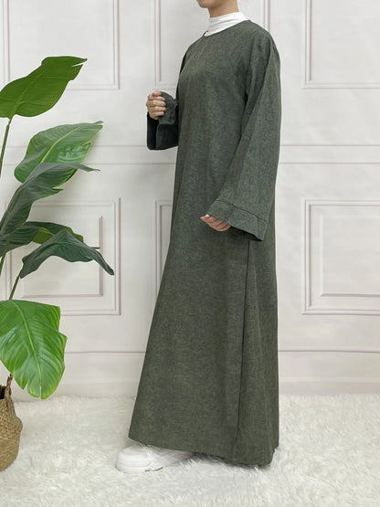 Modest Closed Plain Long Sleeve Abaya Without Hijab With Belt  Basic Islamic Eid Clothes Dress