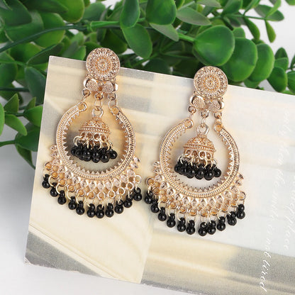 Classic Vintage Gold Round Dangle Earrings for Women - Bohemian Flower Bells, Pearl Tassel Jhumka