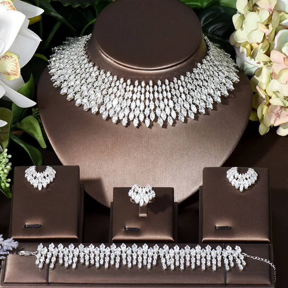 Elegant Cubic Zirconia Choker Design 4PCS Necklace And Earring Sets Bridal Jewelry Set Nigeria Wedding