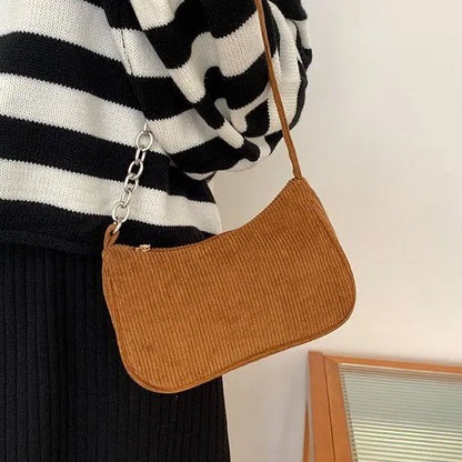 Autumn And Winter New Portable Small Square Bag Stuffed Shoulder Fashion Retro Corduroy Underarm Baguette Bag Handbag