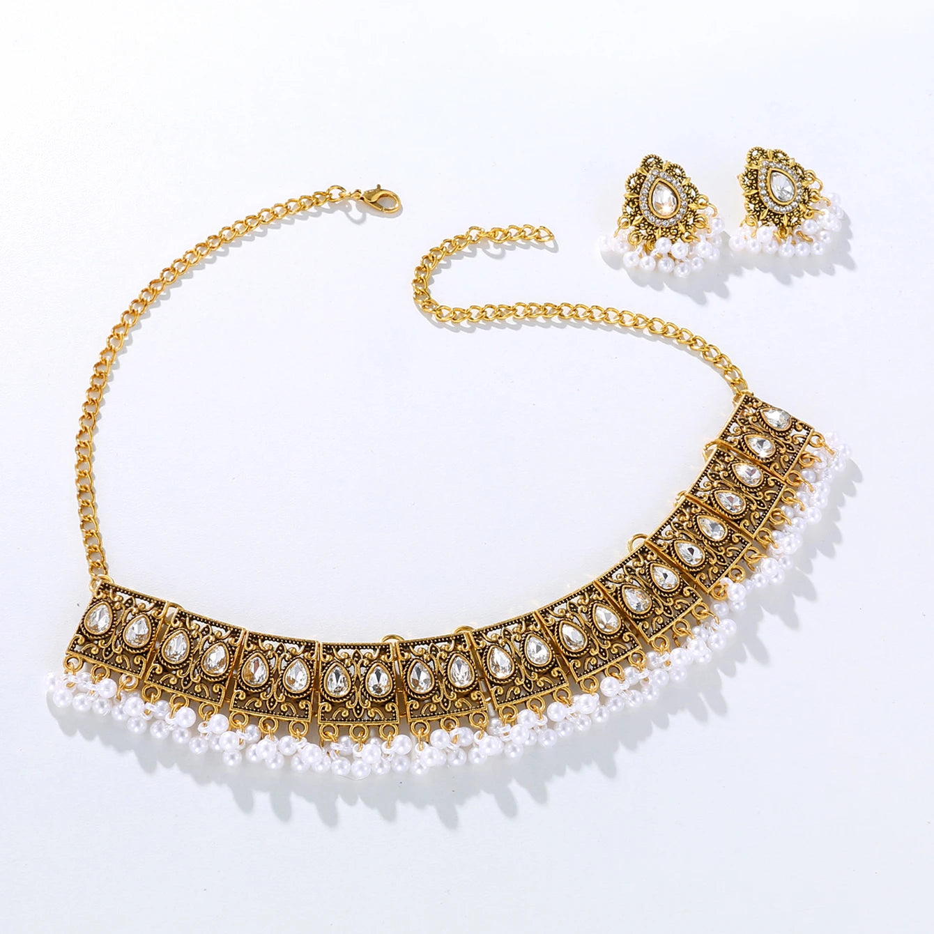 Luxury Vintage Indian Jewelry Set - Antique Gold Plated Crystal Zircon Necklace and Earrings