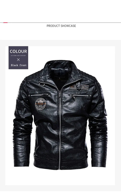 Leather Jacket Men Winter Fleece Motorcycle Faux Leather Jacket Removable Fur Collar Windbreaker, Slim Coat