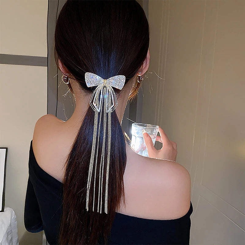 Fashion Bow Tassel Hair Clips - Delicate Sparkly Rhinestone Tassel Hairpin Hair Accessories