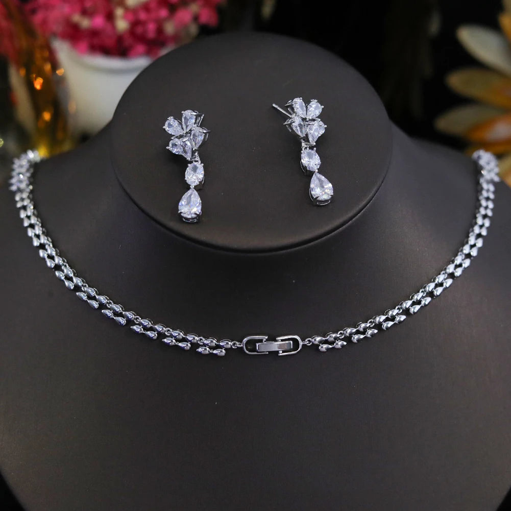 New Design Luxury Cubic Zirconia Water Drop Necklace Earrings Set