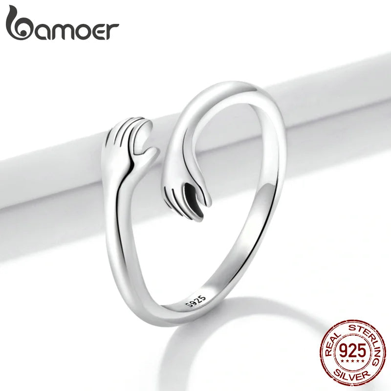 925 Sterling Silver Hug Warmth and Love Hand Adjustable Ring for Women Party Jewelry, His Big Loving Hugs Ring 3 Colors