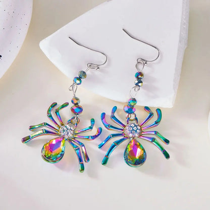 Colorful Spider Design Shiny Artificial Crystal Inlaid Dangle Earrings for Women Punk Metal Spider Earrings Halloween Jewelry