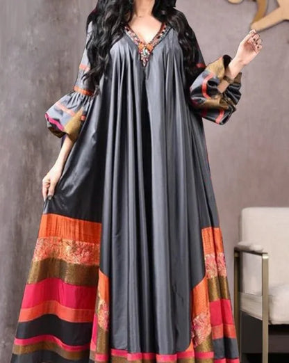 Vintage Printed Dress Women Breathable Loose Middle Eastern Robe Casual Long Sleeve Abaya V-neck Loose Muslim Abayas for Women