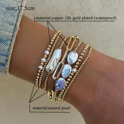 Natural Pearl Bracelet Set Luxury Jewelry Gift 18 K Gold Plated Beads Bracelets for Women Pulseras Gold Jewellery