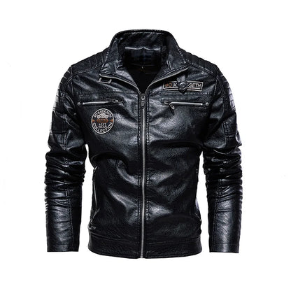 Leather Jacket Men Winter Fleece Motorcycle Faux Leather Jacket Removable Fur Collar Windbreaker, Slim Coat