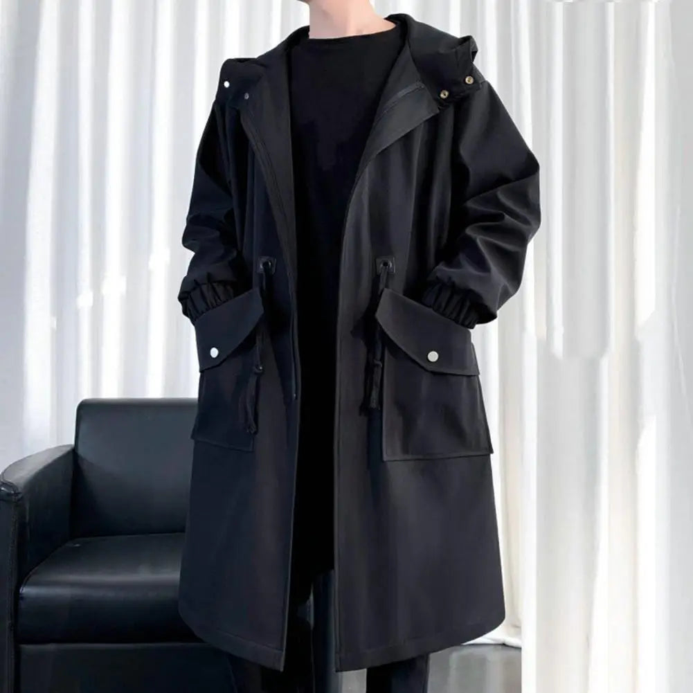 Zippered Long-sleeve Coat for Men Streetwear Men's Trench Coat with Hood Mid-length Big Pockets Windproof Anti-wrinkle Zipper